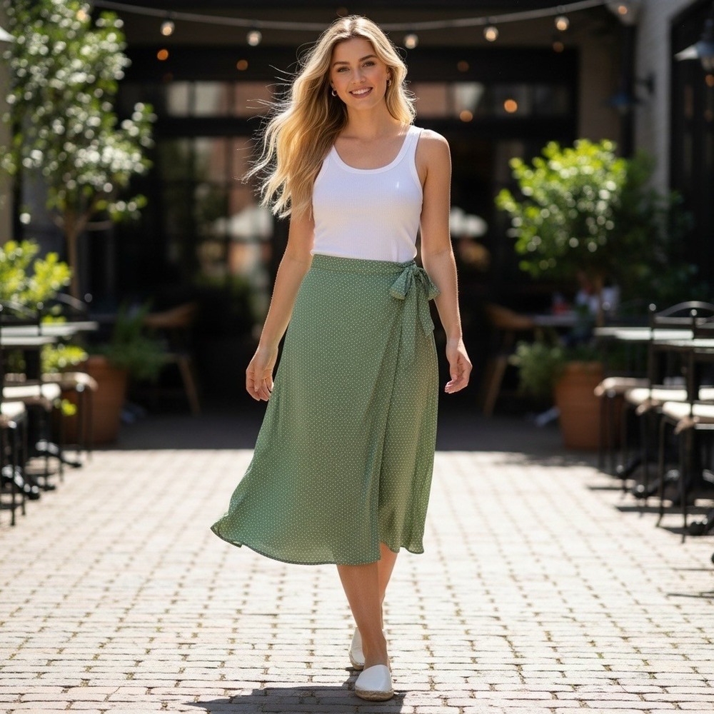 Urban Faux Wrap Midi Skirt L Green Polka Dot Boho Cottagecore Boho Whimsical
